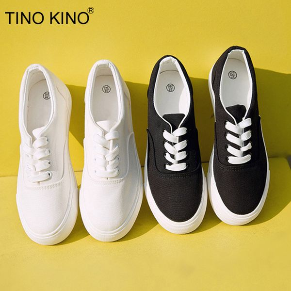 

tino kino new women's spring canvas flat loafers ladies lace up classic white shoes female casual vulcanized comfort woman shoes, Black