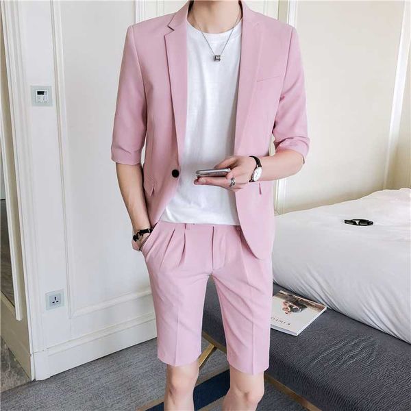 Мужской костюм, комплект, облегающие брюки до колена с короткими рукавами, мужская одежда в корейском стиле, розовая, белая летняя куртка с короткими брюками