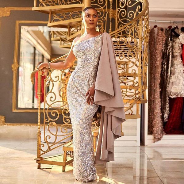 

sparkly mermaid sequined evening dresses one shoulder with shawls red carpet celebrity gown floor length long prom dress 2020, Black;red