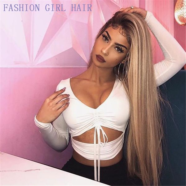 

ombre blonde long straight synthetic lace front wig with baby hair for american women part, Black;brown