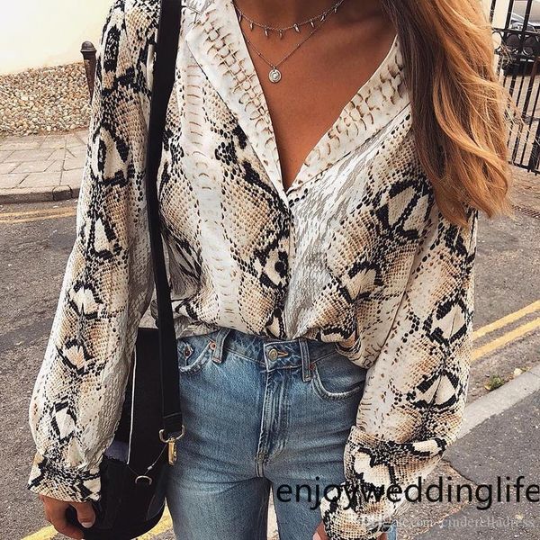 

2020 spring new women snake print blouse long sleeves notched snakeskin shirts vintage women fashion fs5252, White