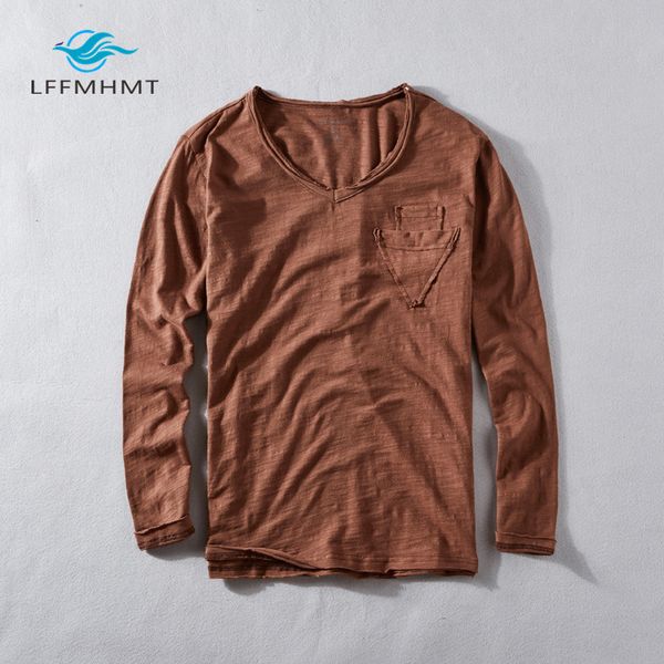 

мужская мода марка япония стиль винтаж бамбук хлопок стрелка карман v-образным вырезом с длинным рукавом футболки мужской случайный тонкий т, White;black