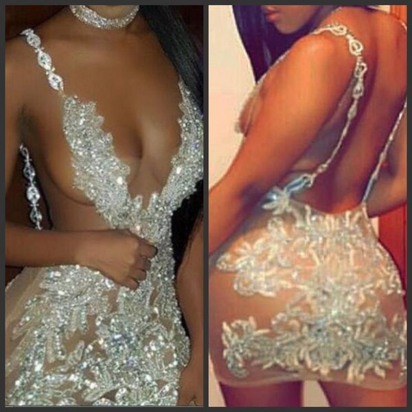 

illusion evening dresses lace appliques beads deep v neck backless mini short dresses spaghetti strap women party gowns ing, Black;red