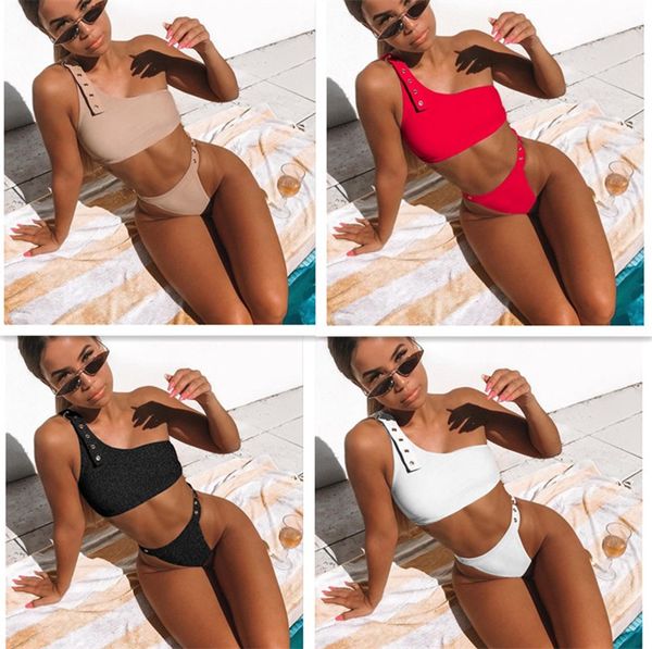 

2019 summer bikini women's split swimwear single shoulder pure color punch bathing suit ms swimsuit
