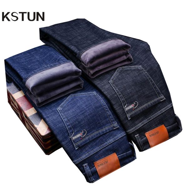 

kstun jeans men winter black classic business casual slim straight thicken fleece stretchy warmer jeans high waist plus size 38, Blue