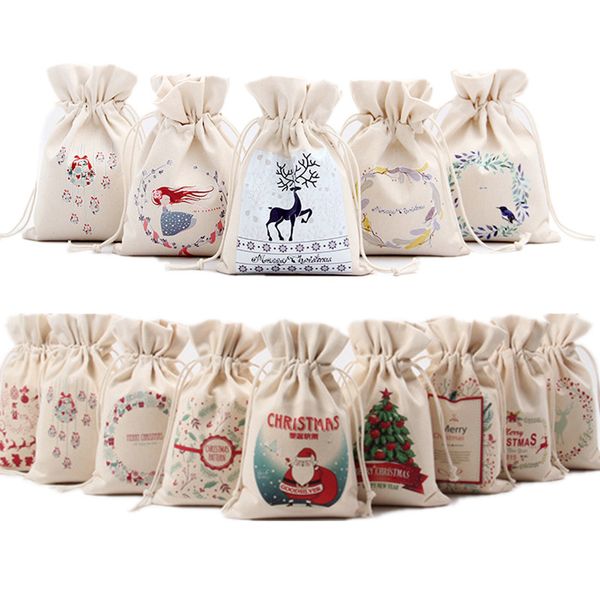

1pc 2017 new year christmas candy bag santa claus drawstring canvas sack tableware rustic vintage stockings gift bag