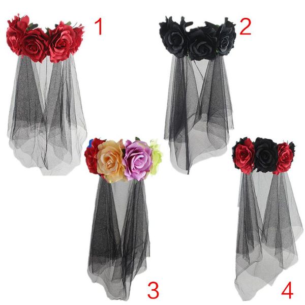 

womens halloween costume bridal headwear rose flowers crown tulle veil garland party wedding festival p props wreath