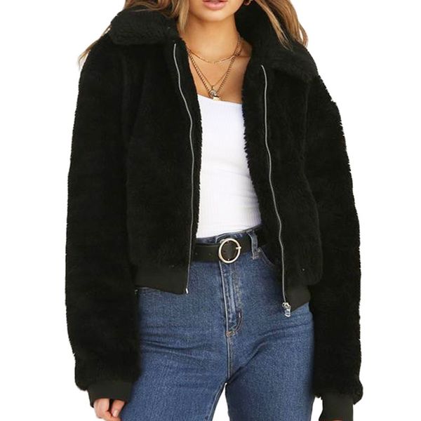 

fleece faux fur teddy coats womens winter thick zipper fluffy jacket fashion coat female warm plush streetwear, Black;brown