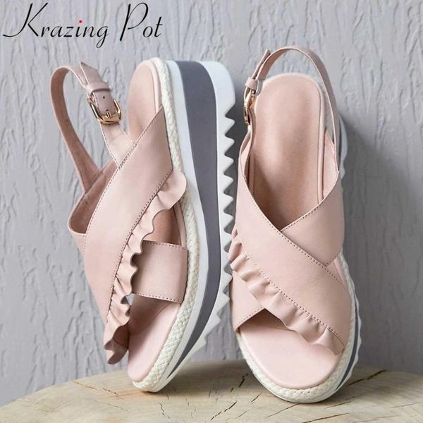 

krazing pot sweety girls pleated design sheep leather round peep toe women sandals high heels slingback summer party shoes l21, Black