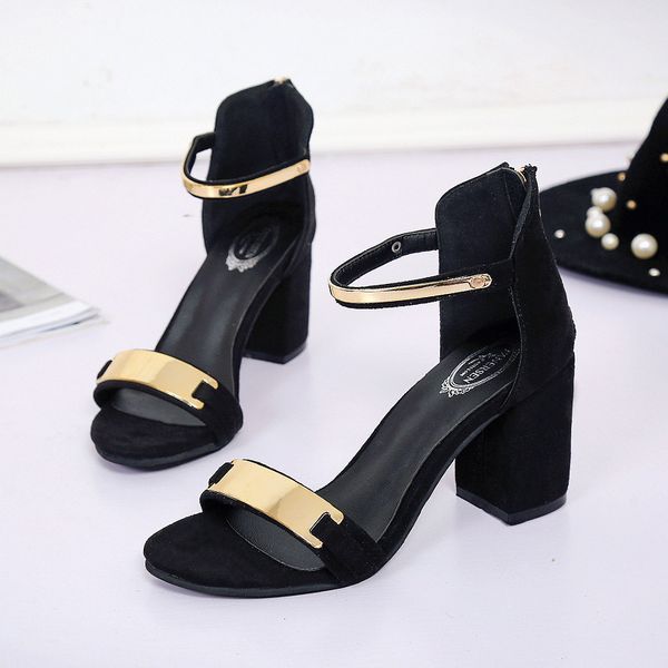 

2017 summer new style korean-style women's sandals flat chunky-heel women's shoes solid color open toe high heel shoes wholesale, Black