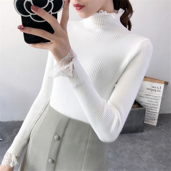 

turtleneck lace sweater women 2019 fall winter high elastic solid fashion sweater women slim knitted pullovers jumpers, White;black