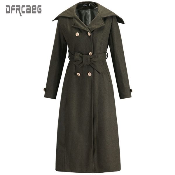 

2019 new winter euro style elegant slim women wool jacket black casual double breasted turtleneck adjustable waist long coat