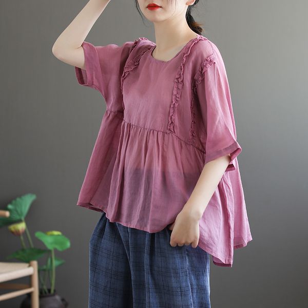 

literary art retro ruffled cotton linen women's loose solid color doll shirt cotton linen top, White
