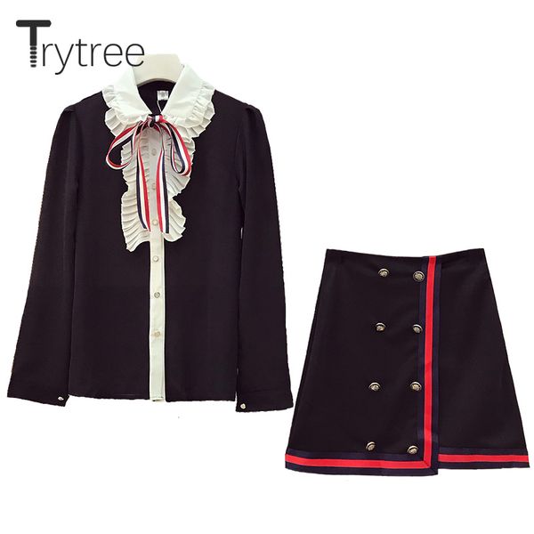 

trytree лето осень женщины комплект из двух частей старинные модные топы + юбка топ отложной воротник офис полиэстер костюм 2 шт комплект, White