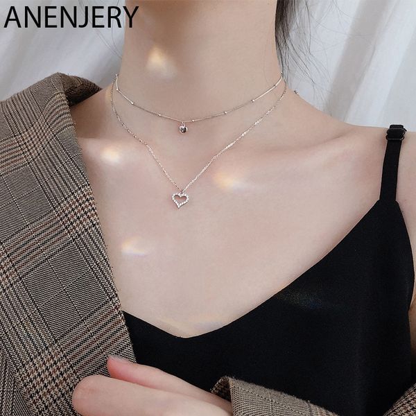 

anenjery dainty 925 sterling silver double layer heart necklaces with micro pave zircon collares s-n468