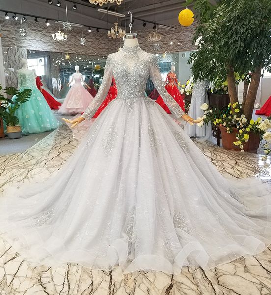 Acheter 2019 New Bal Robe De Mariage En Cristal Tassel Perles Perles Collier Haute Gris De Mariage En Cristal De Luxe à Manches Longues Robe De Mariée