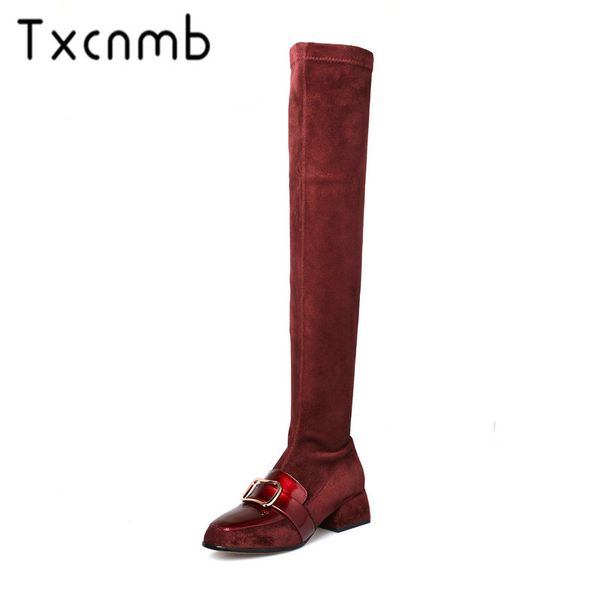 

txcnmb suede leather over the knee high boots women square heels comfort shoes woman party dancing motorcycle women boots, Black