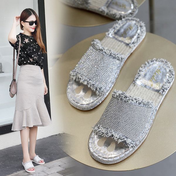 

glitter crystal tassel open toe flat slippers straw weaved soft bottom beach flip flops trendy outside slip-on lazy slides women, Black
