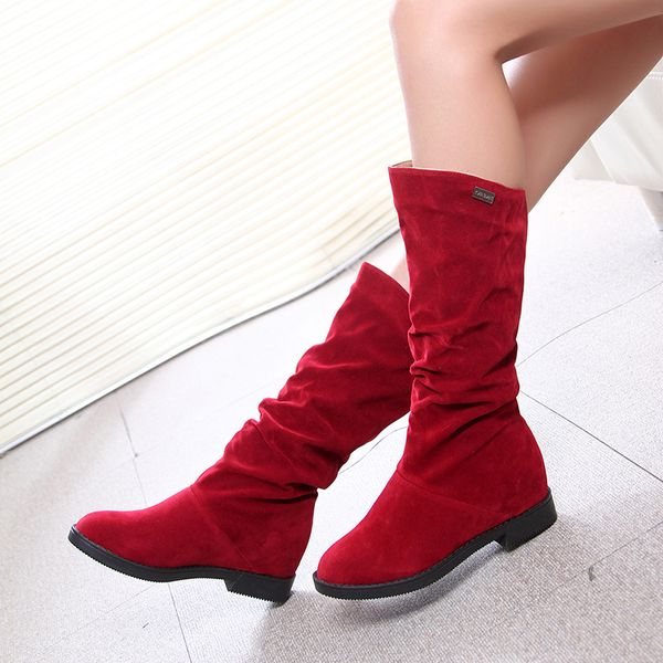 

autumn winter women's boots matte flock boots for female ladies height increased low heel shoes woman mid calf high 400805, Black