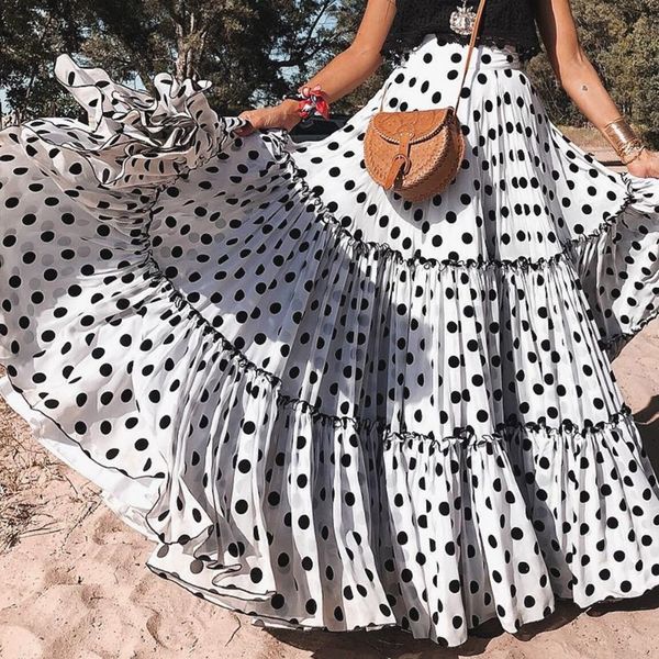 

polka dot print ruffles maxi skirt women fashion layered skirts 2019 summer long pleated skirt wave beach party saia, Black