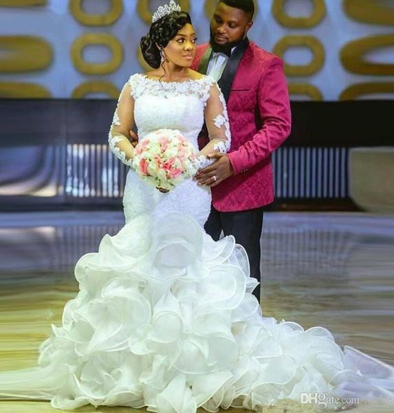 

beaded lace plus size mermaid wedding dresses with illusion long sleeve sequined ruffled organza arabic african country bridal gowns, White