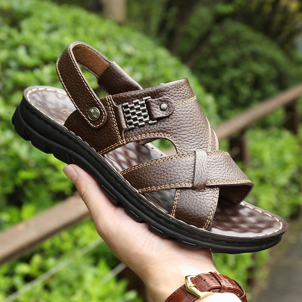 

men sandals summer genuine leather roman sandals men casual shoes beach flip flops men fashion outdoor slippers shoes sneakers, Black