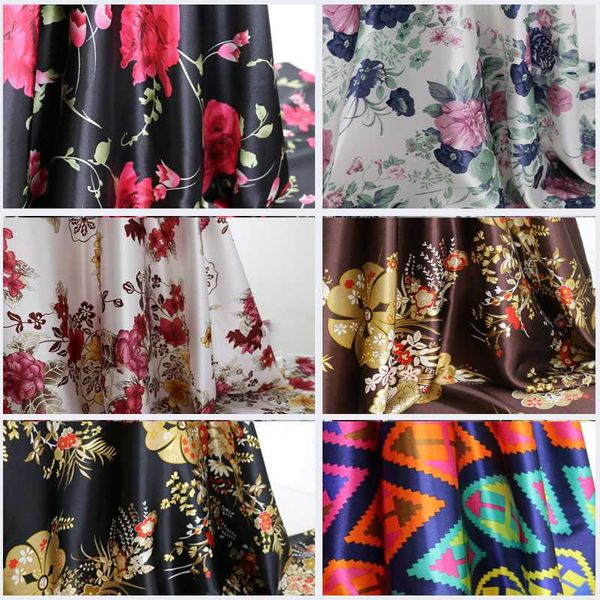 

flowers satin print cloth soft polyester charmeuse vintage fabric, Black;white