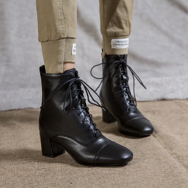 

fashion ankle black white women casual low heels short boots lace up pu leather large size 34- 45 shoes woman autumn mx200324