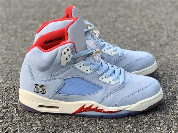

2019 trophy room air 5 jsp pack ice blue men basketball shoes sail metallic gold university red ci1899-400 authentic sneakers with box, White;red