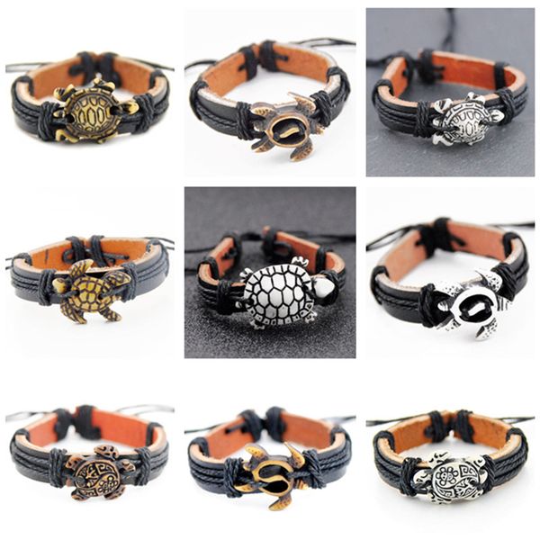 

men women's jewelry wholesale 10pcs mxied cool hawaiian surf sea turtles pendant surfing leather bracelets bangles gifts, Golden;silver