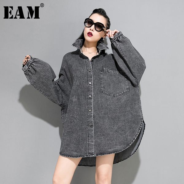 

eam] loose fit split big size oversized denim jacket new lapel long sleeve women coat fashion tide autumn winter 2019 1a318, Black;brown
