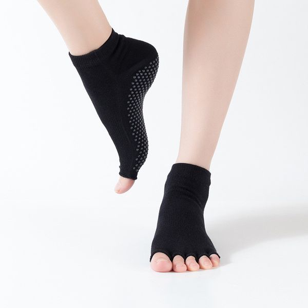 

новые женщины йога носки anti-slip пять пальцев backless силиконовые покрытием 5 toe носок ballet gym фитнес спорт комфорт хлопок носки, Black