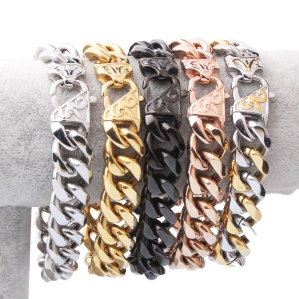 

316l stainless steel hip hop mens curb cuban chain bracelets bangle flower square lock clasp jewelry 15mm, Black