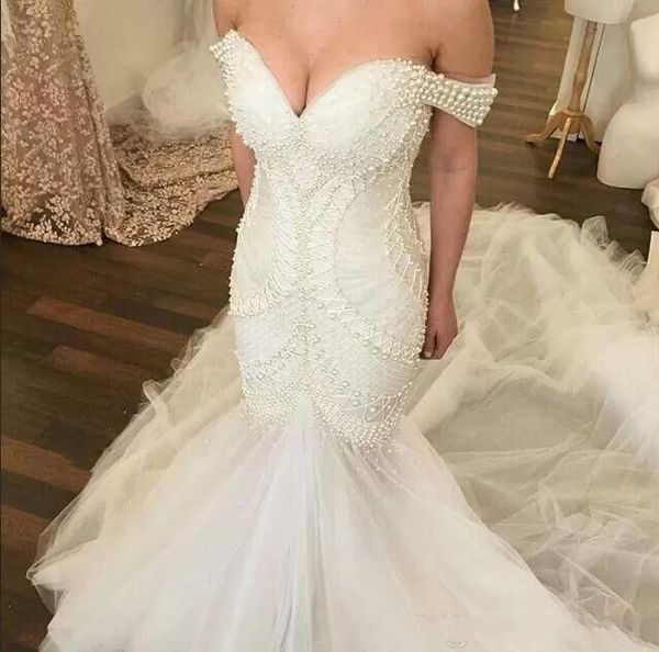 

major beading mermaid wedding dresses off the shoulder beaded pearls customized long bridal gowns long train country wedding dress modest, White