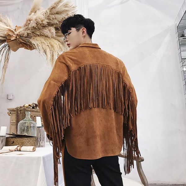 

nightclub singer tassel design punk hip hop short jacket stage costume autumn men suede personality street hiphop coat clothes, Black;brown