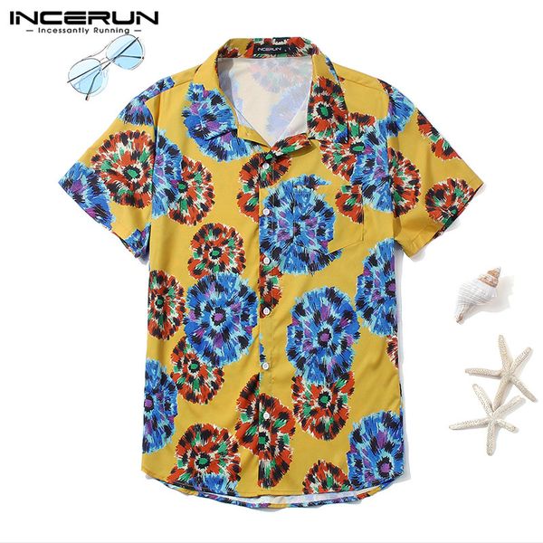 

incerun summer men hawaiian shirt printed beach 2019 short sleeve fashion lapel streetwear blouse casual shirt men plus size 5xl, White;black