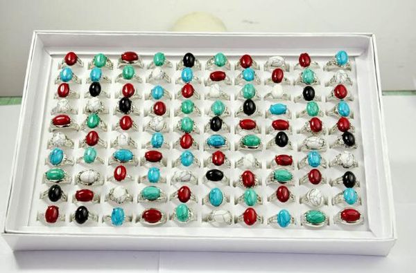 

new fashion women jewelry mixed style mixed colour green red black white turquoise rings gemstone ring size 16-20#, Silver