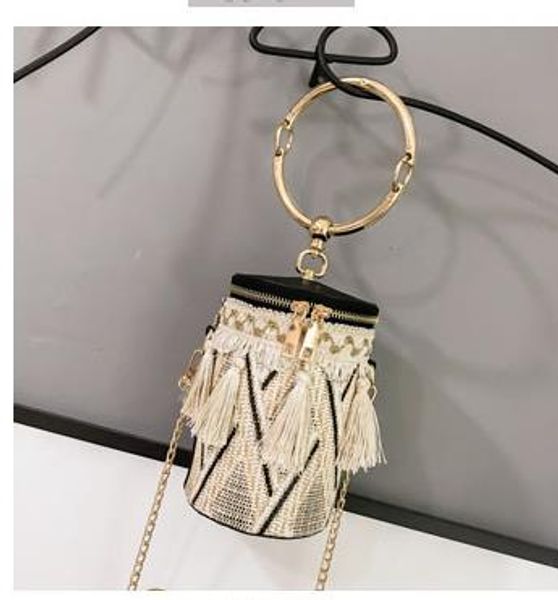 

chain national wind ring shoulder bag straw woven cylinder small bag fairy tassel bucket bag