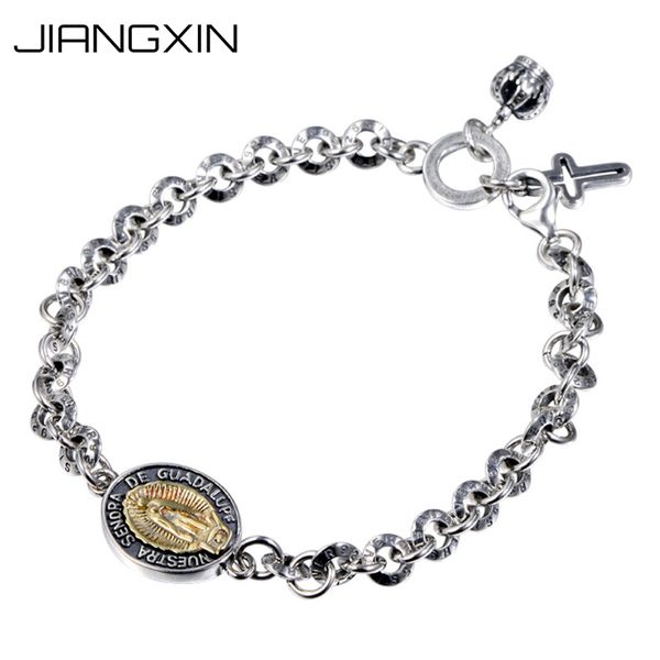 

14g 925 sterling silver 20cm adjustable bracelet for men crown cross virgin mary crusader flower jewelry for couples lovers, Golden;silver