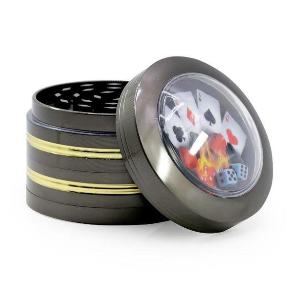 Due smerigliatrici per fumo Golden Edge con dadi in lega di zinco a quattro strati di diametro 63 mm e carte da poker