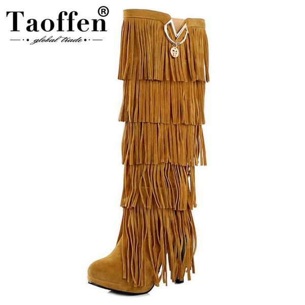 

taoffen plus size 32-43 new flock winter fur women boots high heels knee boots fringe tassels black brown red yellow beige punk