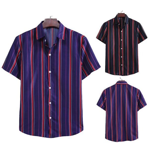 

2020 new men's summer shirt fashion striped printed short-sleeved shirt comfortable hawaiian vacation clothing beach, White;black