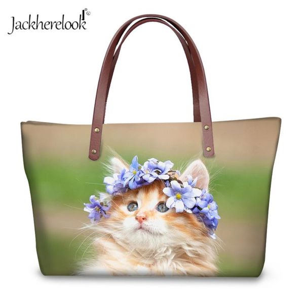 

jackherelook lovely cat with flower print shoulder bag for women large handle bag casual daily shopping totes animal bags