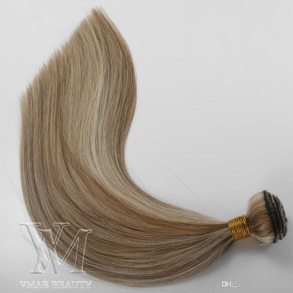 

european piano light brown platinum blonde double drawn 100g remy virgin weft 18 inch human hair extension, Black