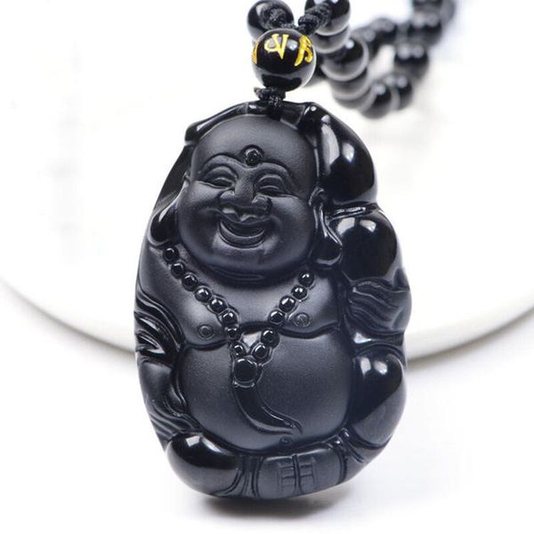 

other jadery natural black obsidian crystal gem buddha pendant necklace amulet men women extend beads chain jewelry drop ship, Silver