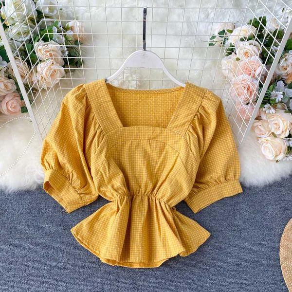 

2020 новая летняя рубашка женская мода квадратный вырез с коротким рукавом короткие топы клетчатая рубашка блузка l750, White