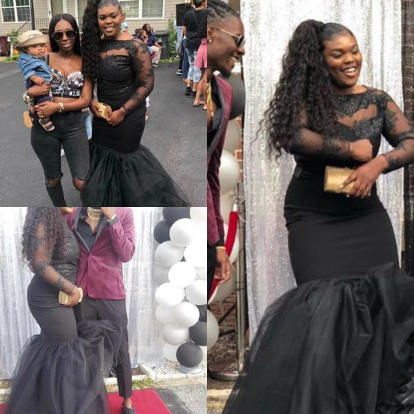 

2019 black girl mermaid prom dresses boat neck long sleeves lace formal evening gowns floor length party pageant dress for women