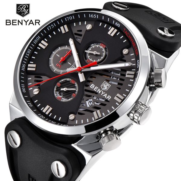 

benyar 2018 new skeleton calendar men's watches chronograph real three dial waterproof 30m outdoor hollow sports watch white red, Slivery;brown