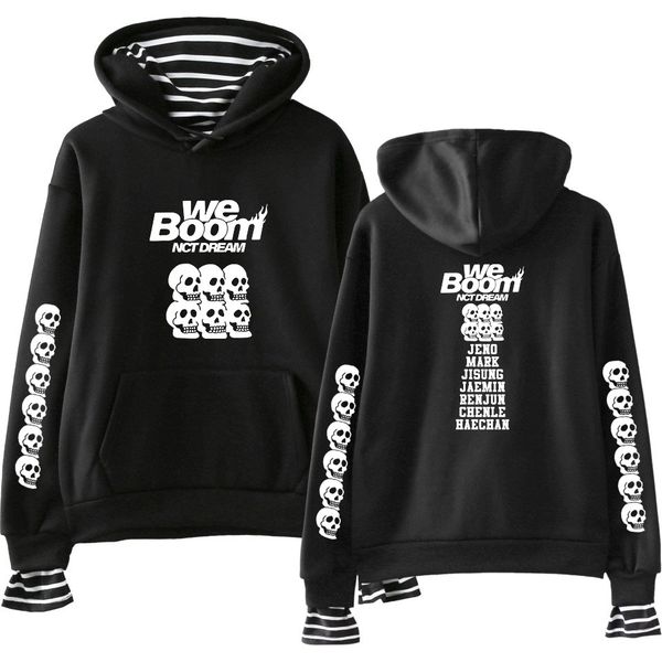 

2019 nct dream new album we boom printed fake two pieces hoodies for women k-pops casual hooded streetwear plus size, Black