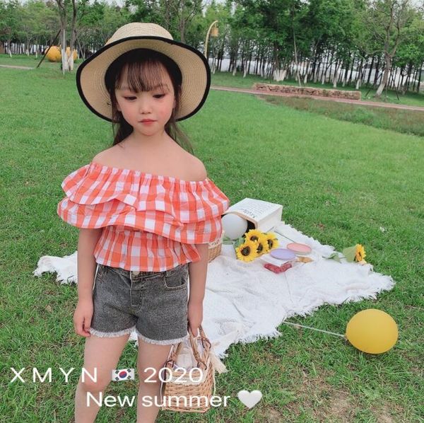 

2020 korean style girls plaid ruffles shirt fashion summer cotton girls blouse 2-7t f99, White;black